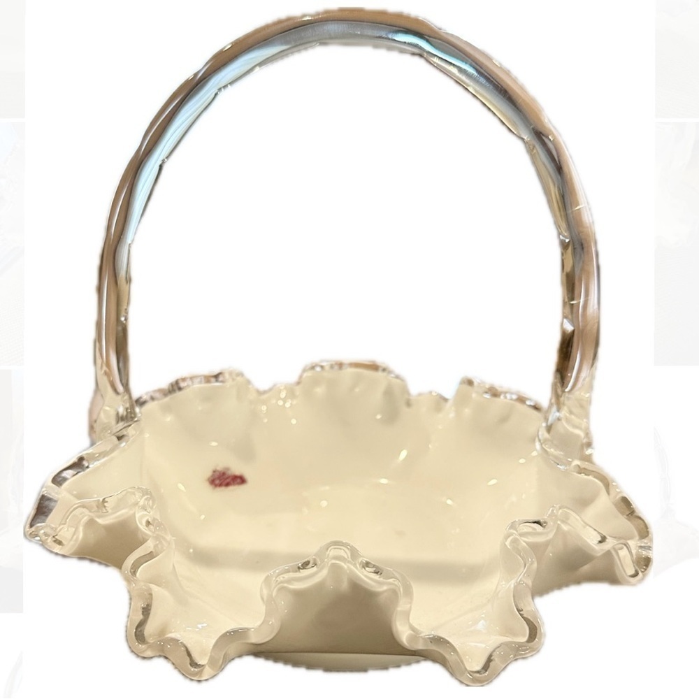 Vintage Fenton White Milk Glass Basket with Clear Applied Handle Ruffle Edge